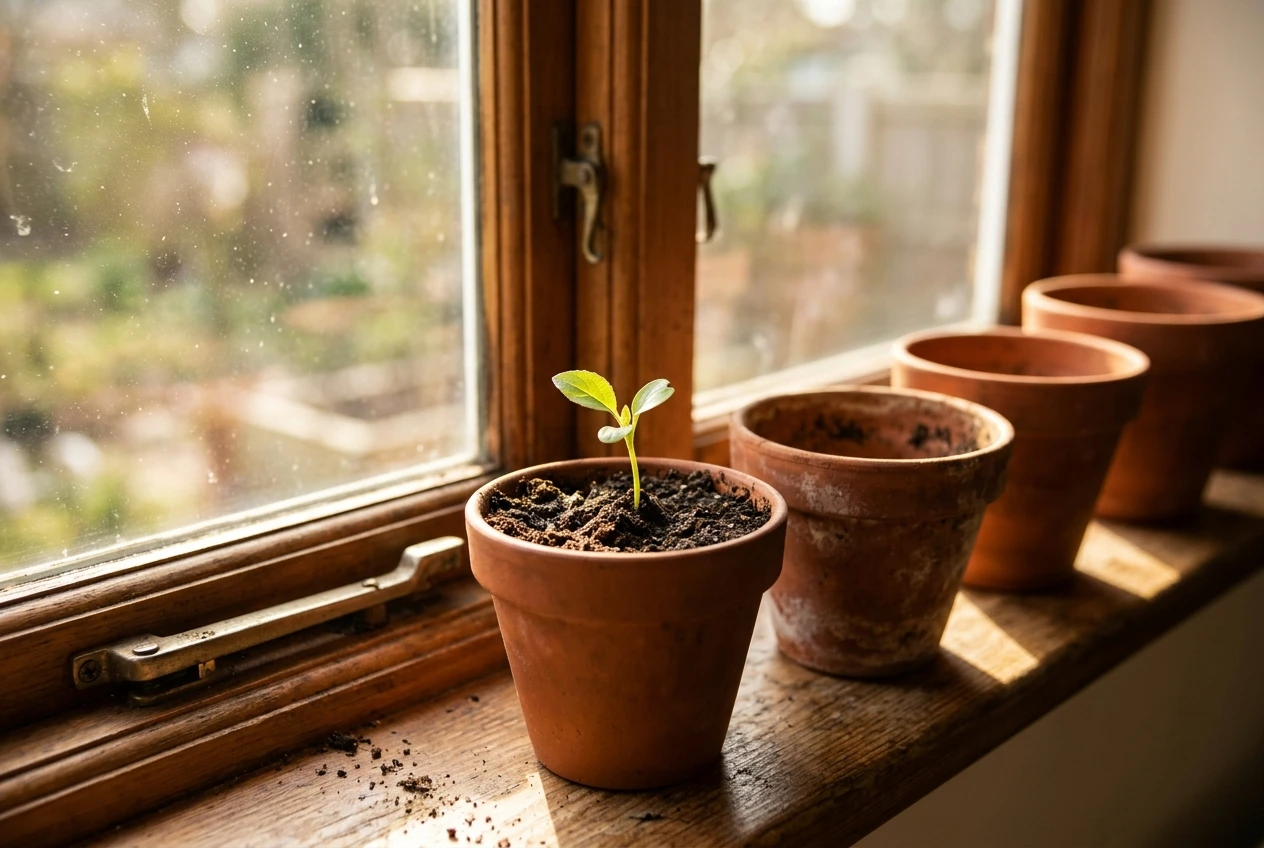 A single small green seedling pushing up through dark soil in a terracotta pot on a sunlit windowsill, with a few more empty pots lined up beside it, warm and hopeful tones.