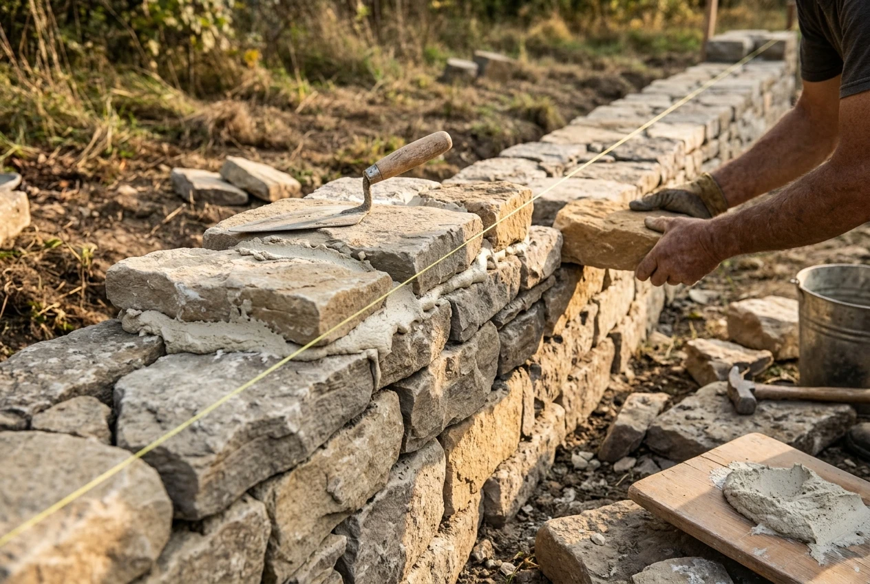 A low stone foundation wall being built by hand in warm morning light, each stone a slightly different shade of grey and tan, with a few stones freshly set in pale mortar and a wooden