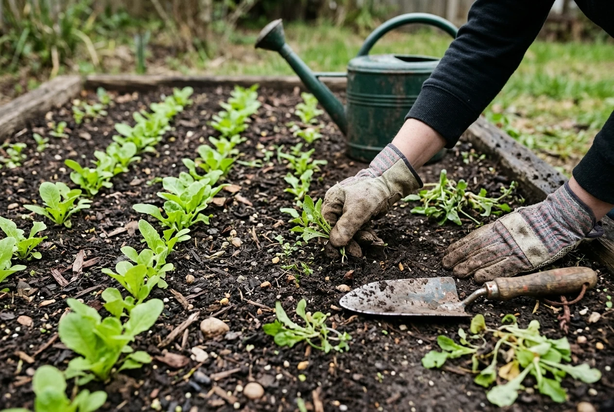 A small garden bed in soft overcast light, with a gardener's gloved hands pulling weeds beside rows of leafy green seedlings, a few wilted plants at the edge, and a watering can and hand trowel on the soil.