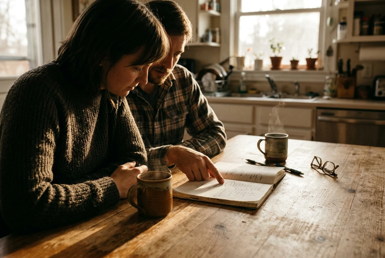 Two people sitting side by side at a wooden kitchen table with a mug of tea each, one pointing at a handwritten notebook page with a single circled step, afternoon sunlight coming through a window onto the table.