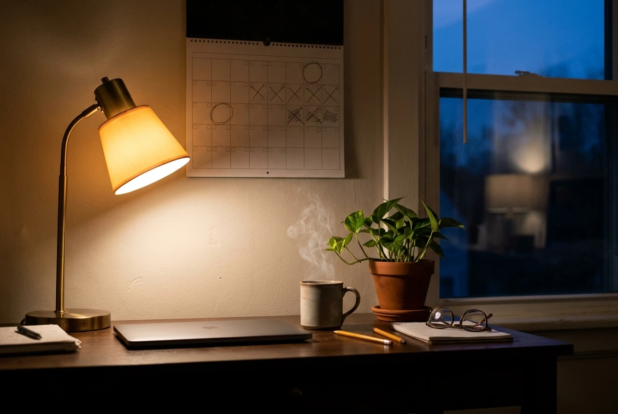 A quiet home workspace at dusk with a desk lamp glowing, a closed laptop, a calendar page on the wall with a few days marked in pencil, and a steaming mug beside a small potted plant, in calm amber and blue tones.