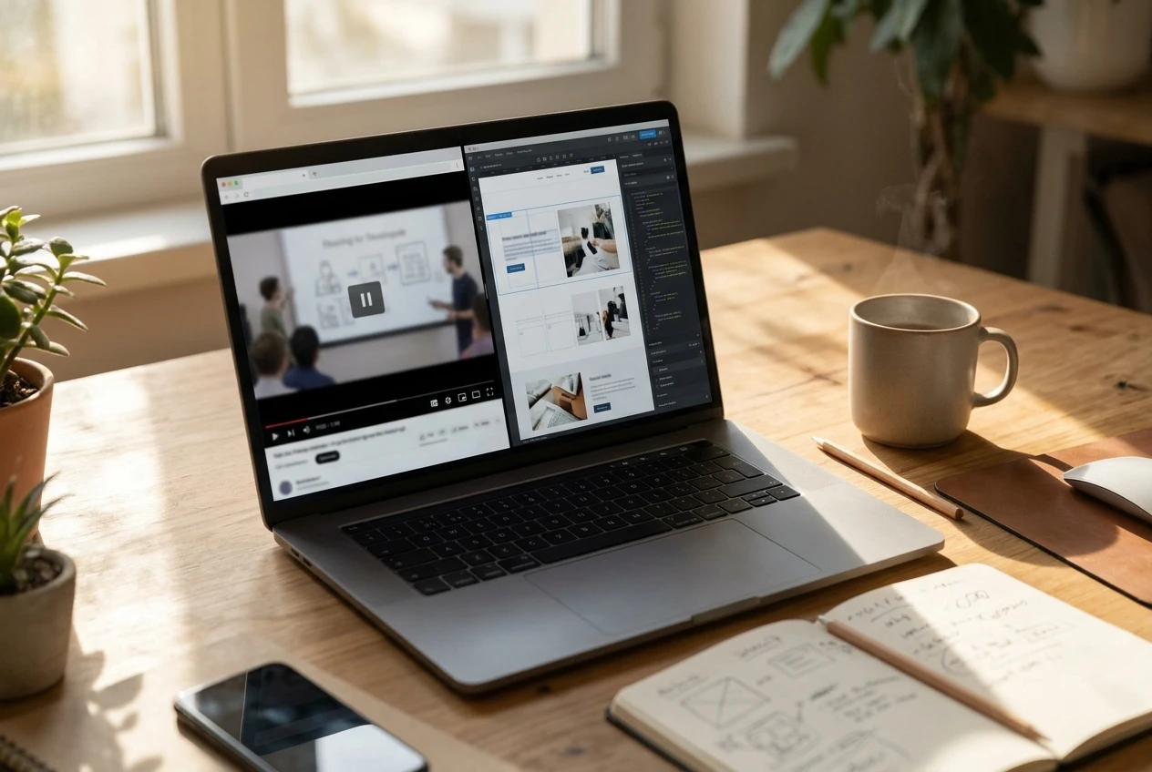 A wide desk viewed from slightly above: a laptop screen split down the middle, a tutorial paused on one half and a half-built website homepage on the other, with a mug and a pencil