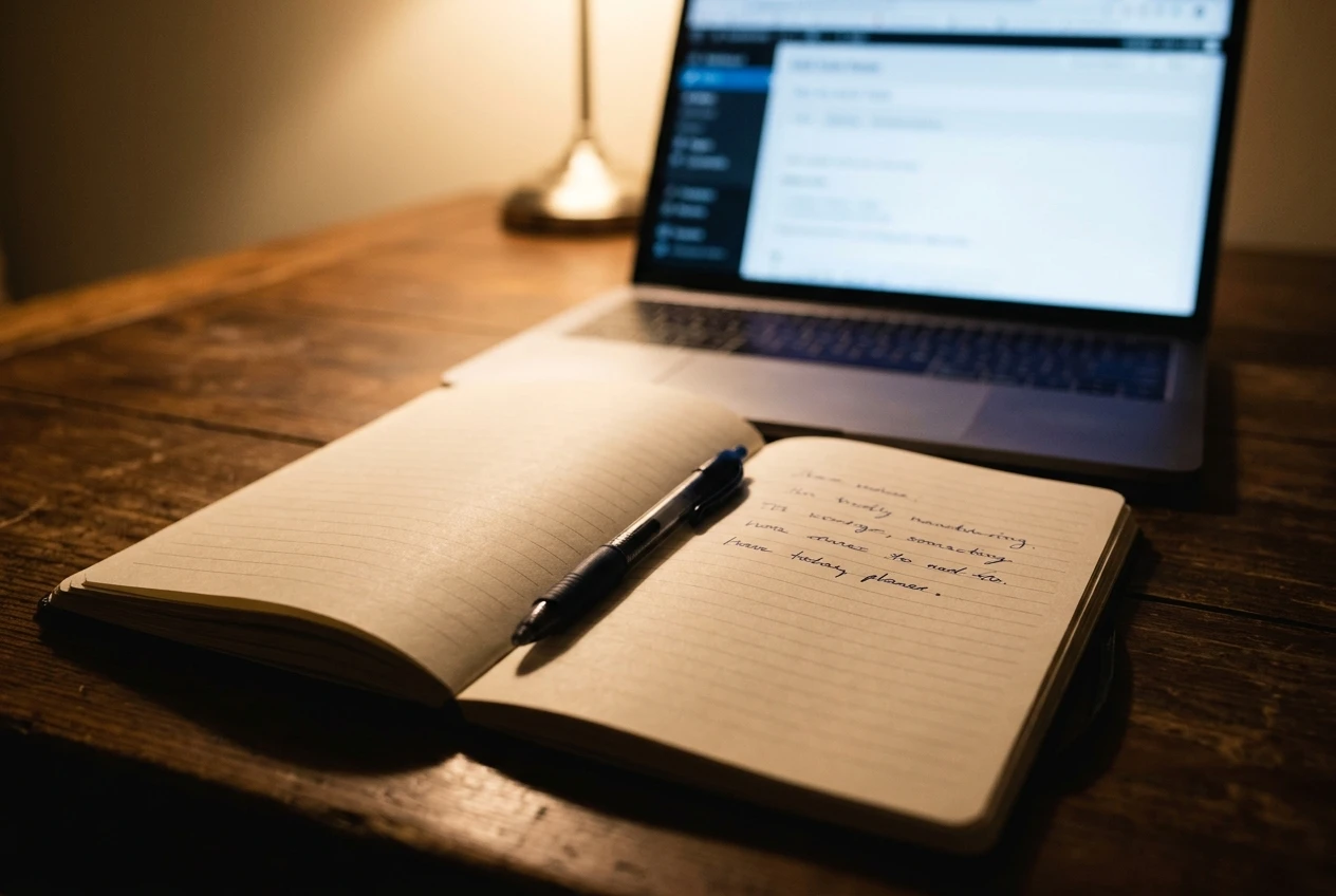 An open paper notebook on a wooden table with three short handwritten lines under tidy spacing, a pen resting across the page, and a blurred laptop showing a website menu in the background, soft lamp light.