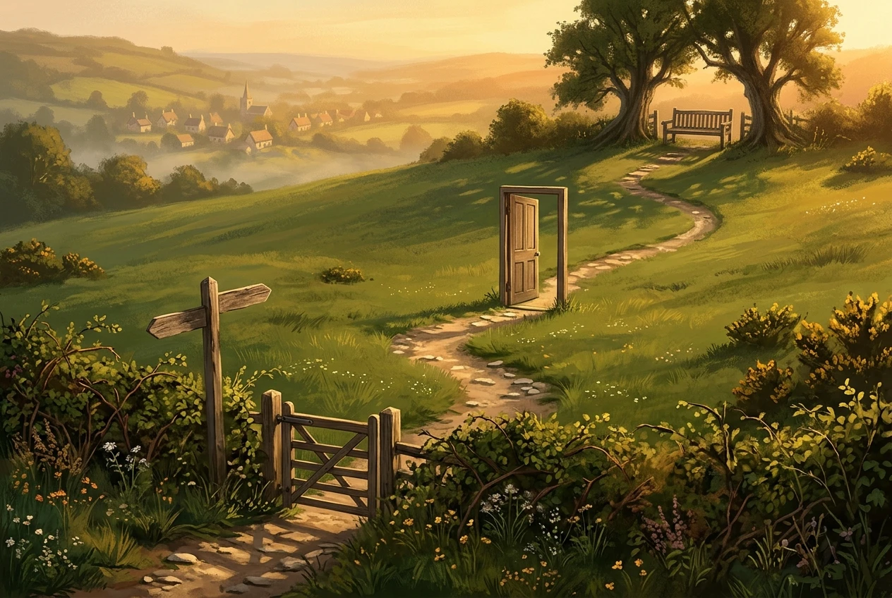 A winding path across a green hillside passing three different gates in a row: a small closed signpost, a wide-open wooden door standing in a field, and a bench facing a distant village, golden afternoon light, illustrative style.