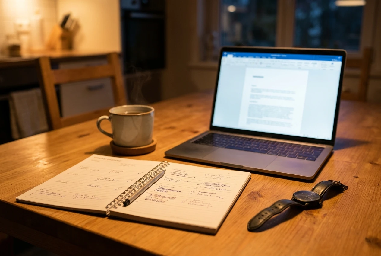 A paper weekly planner on a kitchen table with a cup of tea, a wristwatch and a laptop left open to a half-finished page, late-evening warm light suggesting a short work session fitted into a busy day.