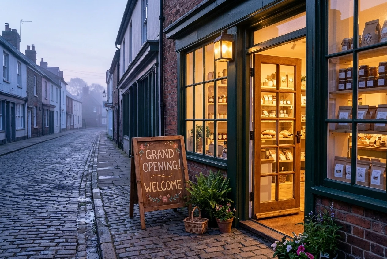 A small shop with its front door just propped open at dawn, a hand-painted wooden sign on an easel outside, shelves of neatly arranged goods visible inside, and warm light spilling onto a quiet cobbled street, evoking a new site opening to visitors.