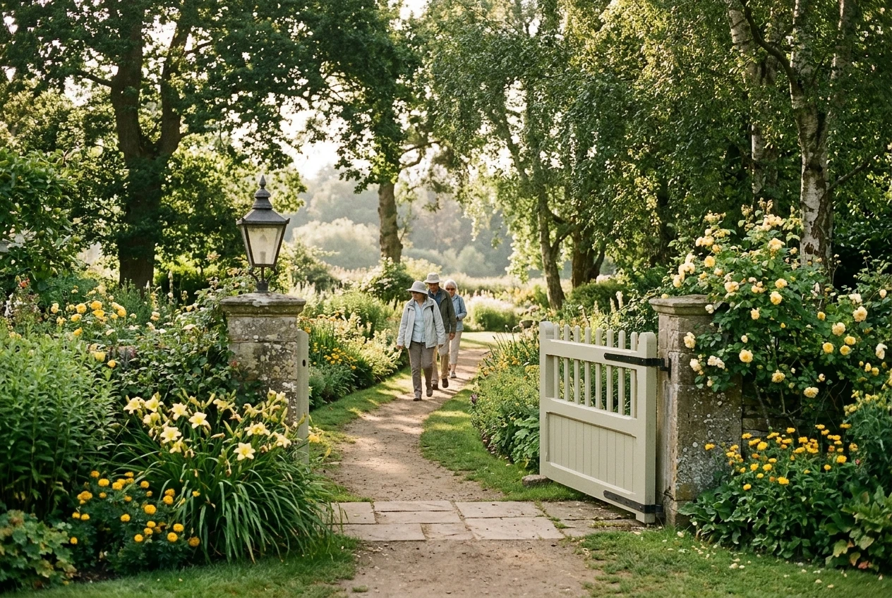 A quiet garden path with the first few visitors arriving at a gate, two or three people walking in single file between flowerbeds in soft afternoon light, a freshly painted gate and a lantern marking the way in, greens and soft yellows.