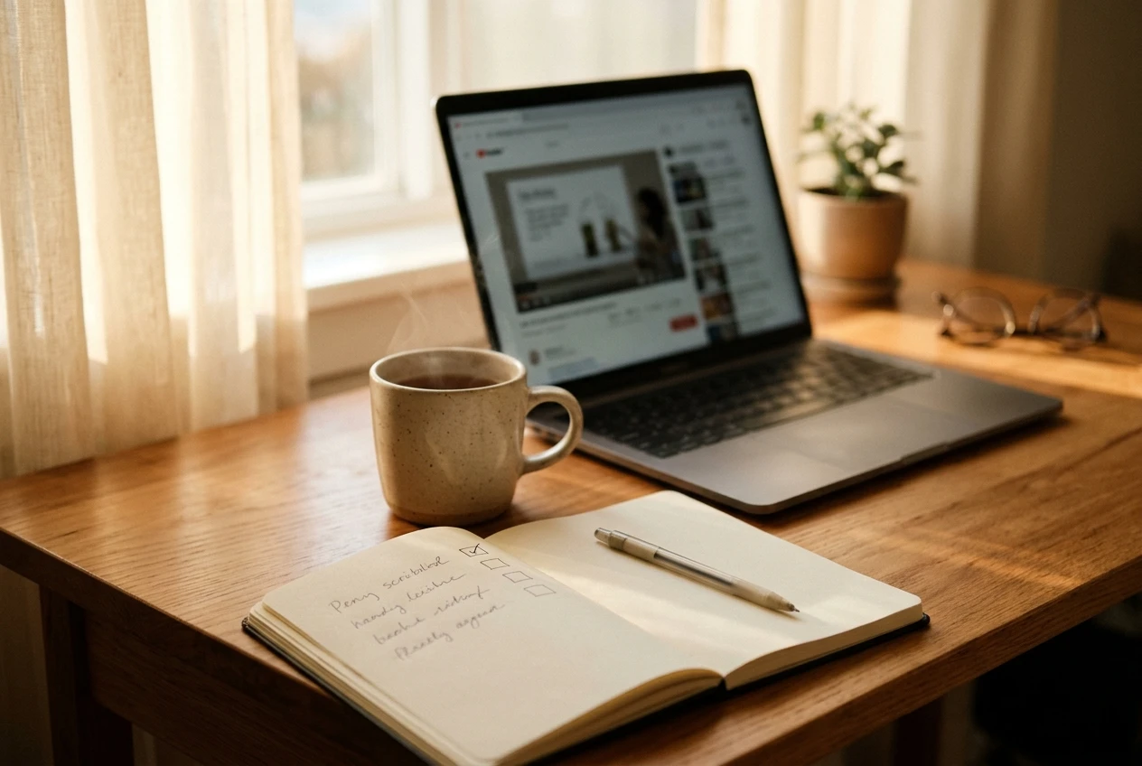 A beginner's desk in soft morning light: an open notebook with a short handwritten to-do list and one item ticked, a mug of tea, and a laptop turned slightly away showing a blurred le