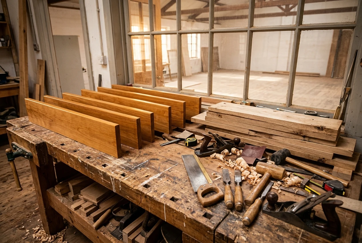 A well-used workshop bench where a craftsperson has laid out a row of finished wooden shelves beside planks and tools for more, with a window showing a larger empty room beyond, suggesting room to grow; warm amber light and honey-coloured wood.
