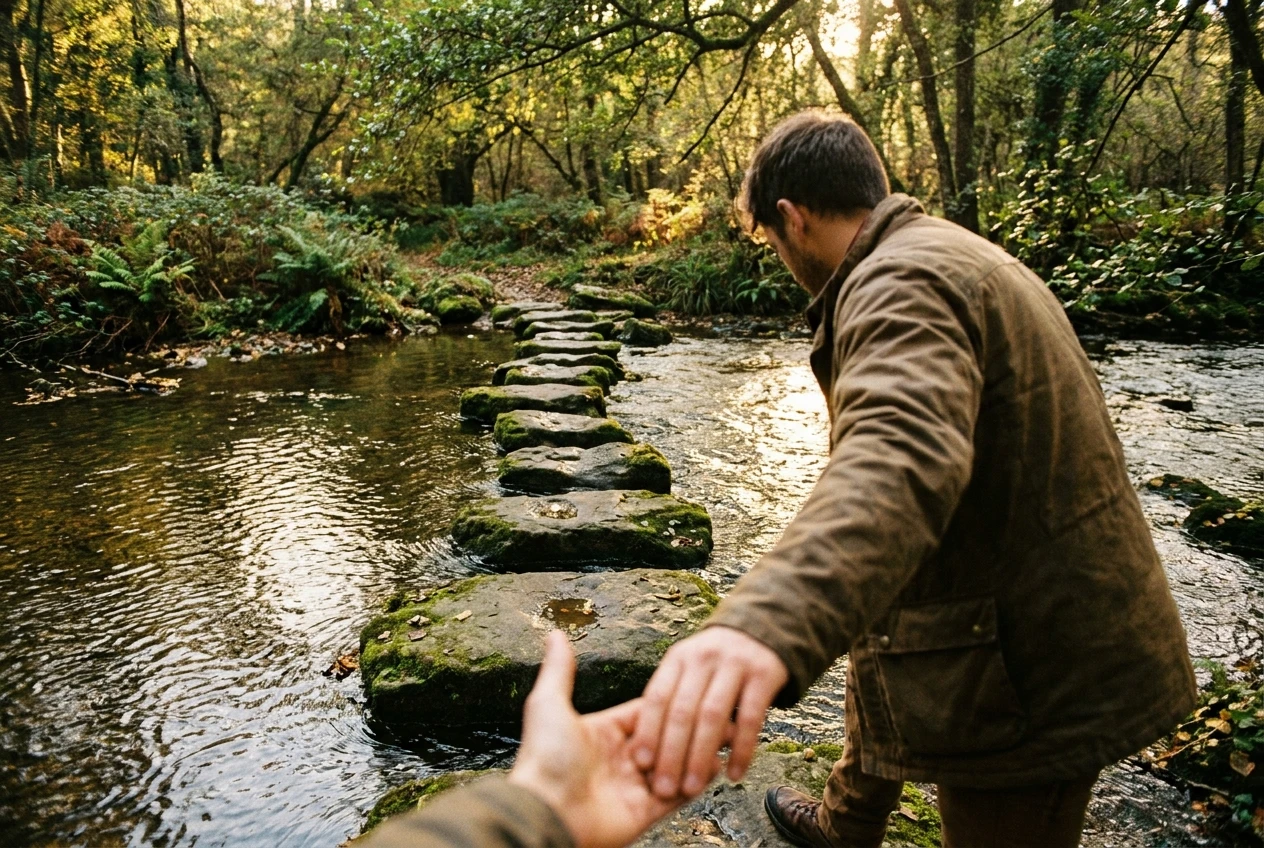 Stepping stones crossing a calm stream in late-afternoon light, one hand reaching back to guide a walker onto the next flat stone, moss-green stones and golden reflections on the water, conveying a trusted guide helping someone take a step.
