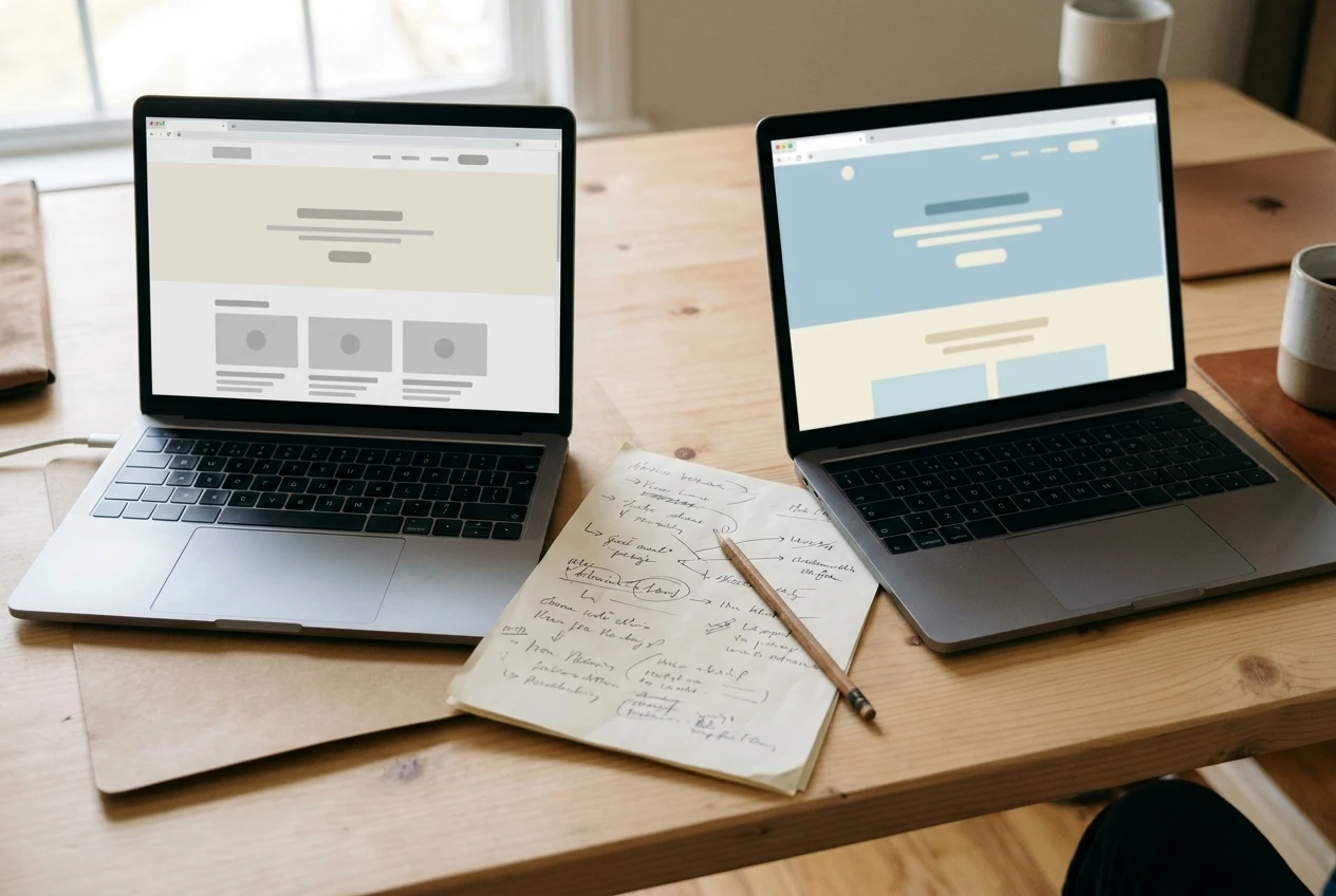 Two laptops side by side on a desk, each showing a simple website homepage, with a pencil and a handwritten page of annotations resting between them, soft daylight and muted blue and cream tones.