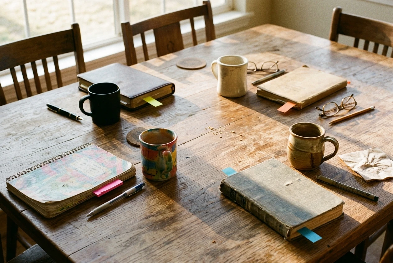 Four mismatched coffee mugs and notebooks arranged around a shared wooden table, each with a different sticky-note bookmark, warm morning window light, suggesting four ordinary people at