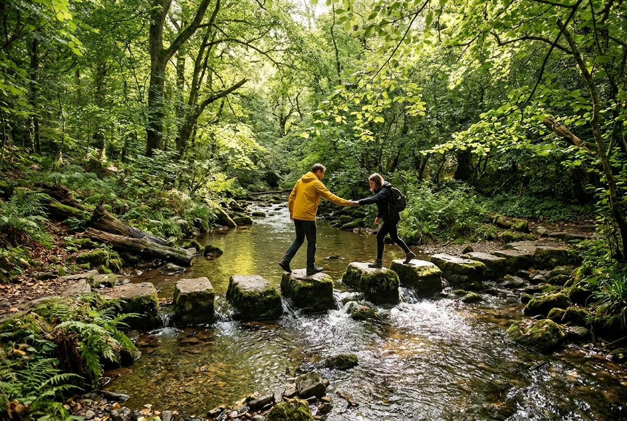 A stone stepping-path across a shallow stream in a green woodland, one figure in a yellow jacket standing on the next stone ahead and extending a hand back toward a second figure about to step, dappled sunlight.