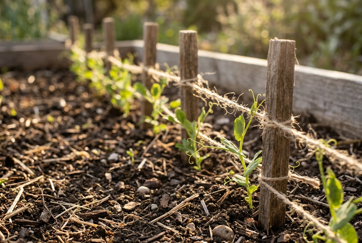 A small garden bed photographed in sequence-like fashion: young seedlings with a few sprouting tendrils connected by thin string to little wooden stakes, soft golden late-afternoon light, suggesting slow, steady growth of connections.