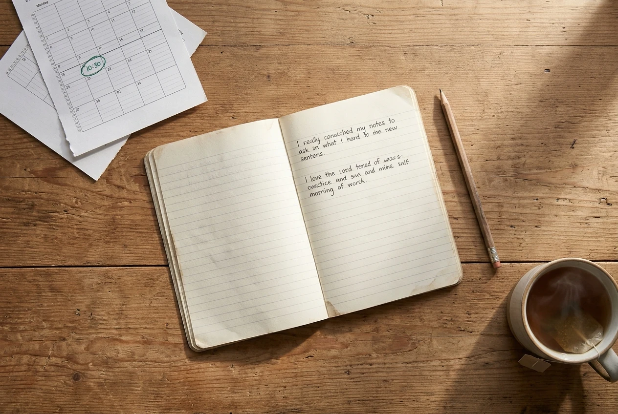 A wooden desk seen from above in soft morning light: a paper notebook open to two handwritten sentences, a pencil beside it, a small wall-calendar page with one half-hour block circl