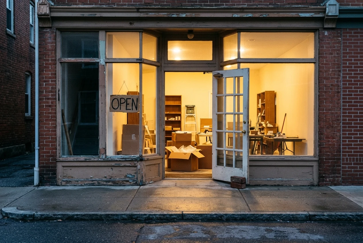 A plain, slightly rough-looking shop front with its door propped open at dawn, a hand-painted 'open' feel, warm light spilling onto the pavement and a few boxes still unpacked inside, suggesting a place that is open before it is perfect.