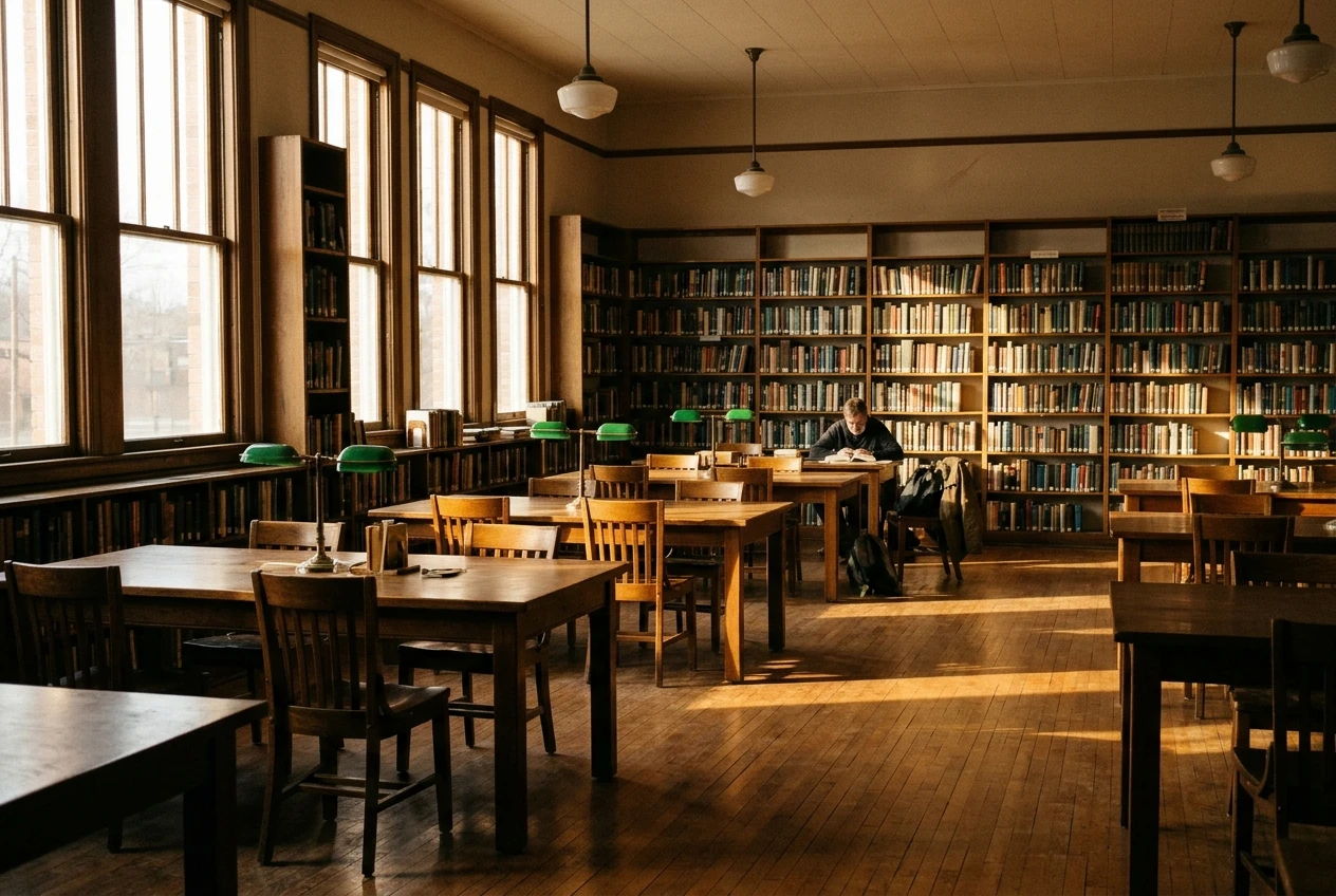 A quiet small-town library reading room in late afternoon, long golden light across empty wooden tables, with just one visitor sitting at the far end absorbed in a book, conveying a calm, sparsely visited space.
