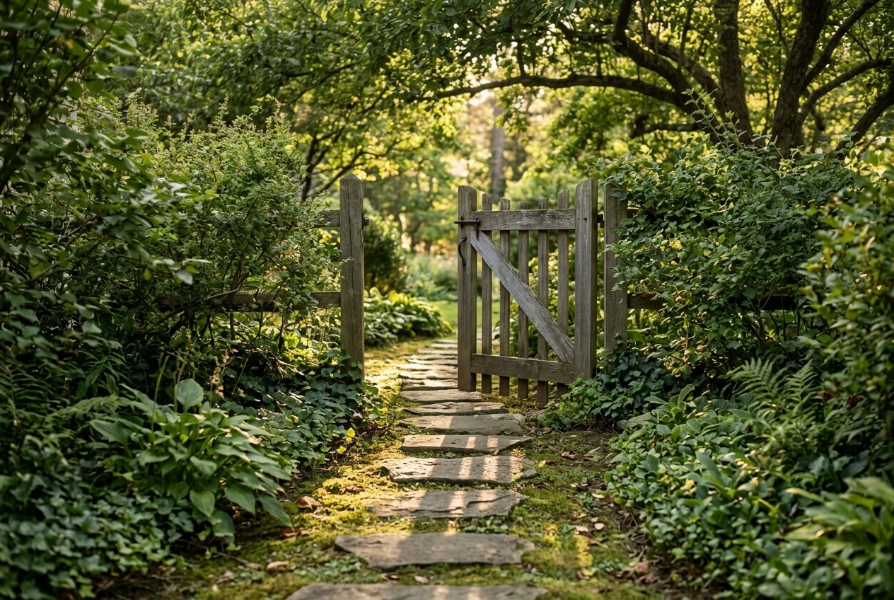 A garden path of flat stepping stones leading gently toward an open wooden gate, with a hand-lettered sign-free gate latch left unlatched, soft green foliage and dappled afternoon sunlight, evoking a small, optional next step.