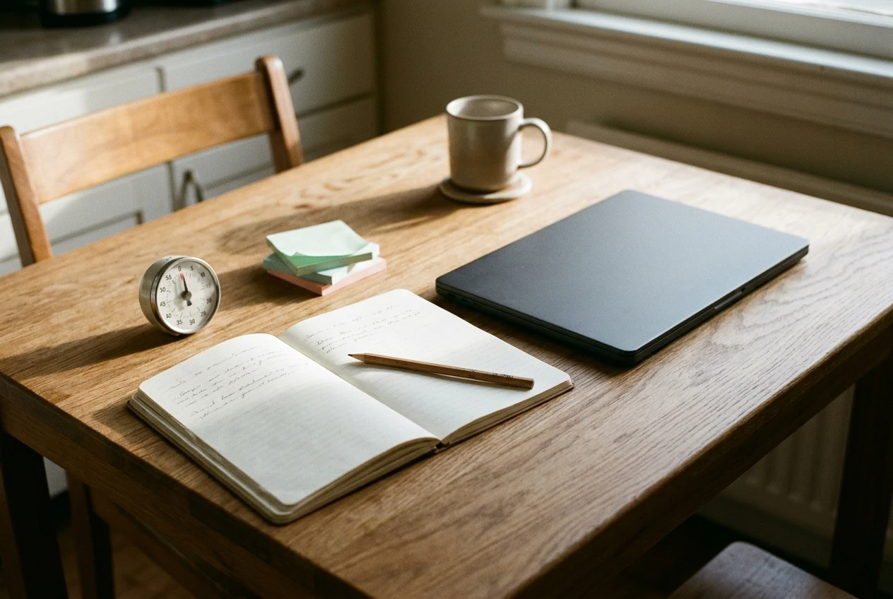 A small kitchen table in soft morning light with an open notebook showing a few handwritten lines, a pencil, a short stack of sticky notes, and a small kitchen timer set near ten m