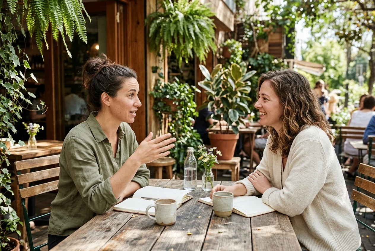 Two people at a sunny café table, each with a notebook and a mug, one gesturing as she explains something and the other smiling and nodding, relaxed and friendly with plants and warm wood tones in the background.