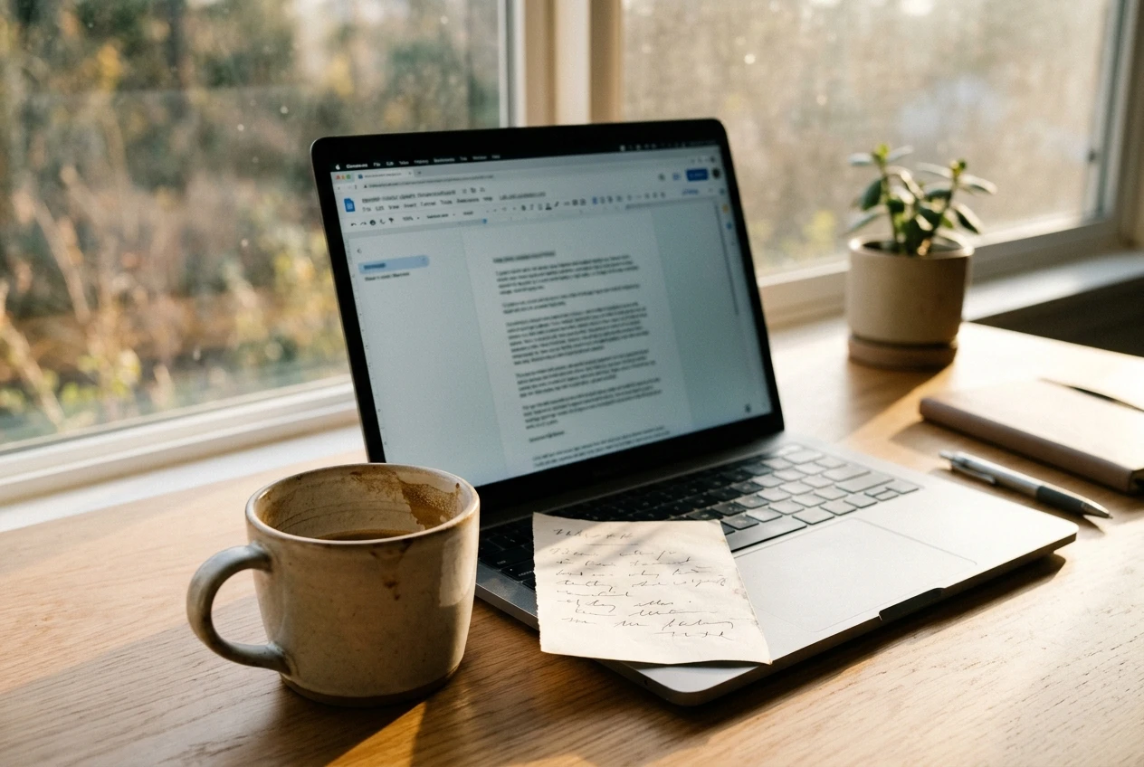 A mug of coffee, just emptied, sitting beside an open laptop on a tidy desk by a window in warm early light, with a handwritten note propped against the laptop screen and a draft already open.