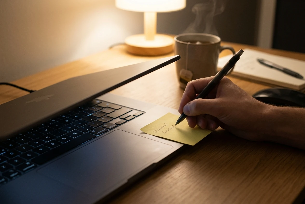 A hand writing a single line on a yellow sticky note stuck to the edge of a laptop at the end of a work session, desk lamp glowing in the evening, laptop half-closed, a cup of tea nearby.