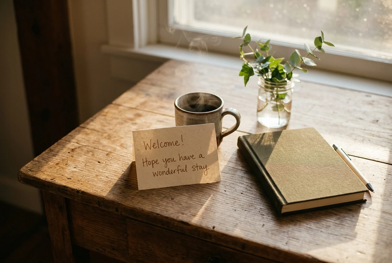 A handwritten welcome note on a small wooden desk, beside a steaming mug and a closed notebook, with a sprig of green leaves in a jar and warm morning light from a window.