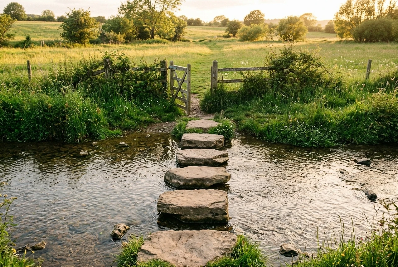 Five flat stepping stones curving across a shallow stream in a green meadow, each a little further along, with soft golden light and a small open gate at the far bank.