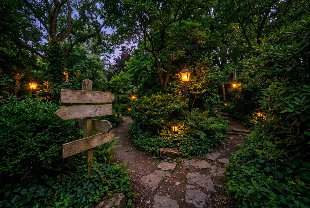 A small lantern-lit path through a quiet garden at dusk, with signposts made of plain wooden boards pointing to different branching trails, in warm amber and deep green tones.