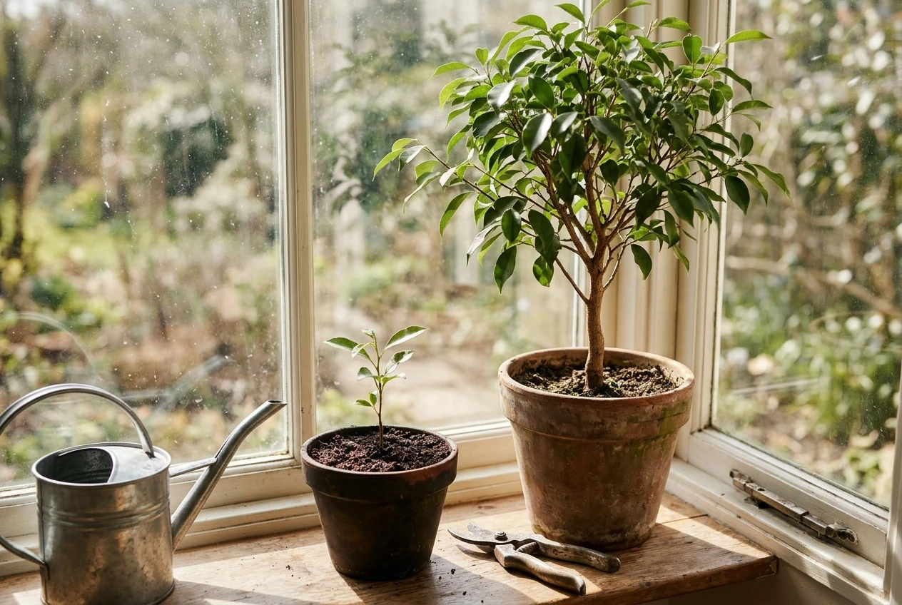 A young sapling freshly planted in a pot next to a taller, established potted tree on a sunny windowsill, with a watering can and pruning shears nearby, soft natural light.