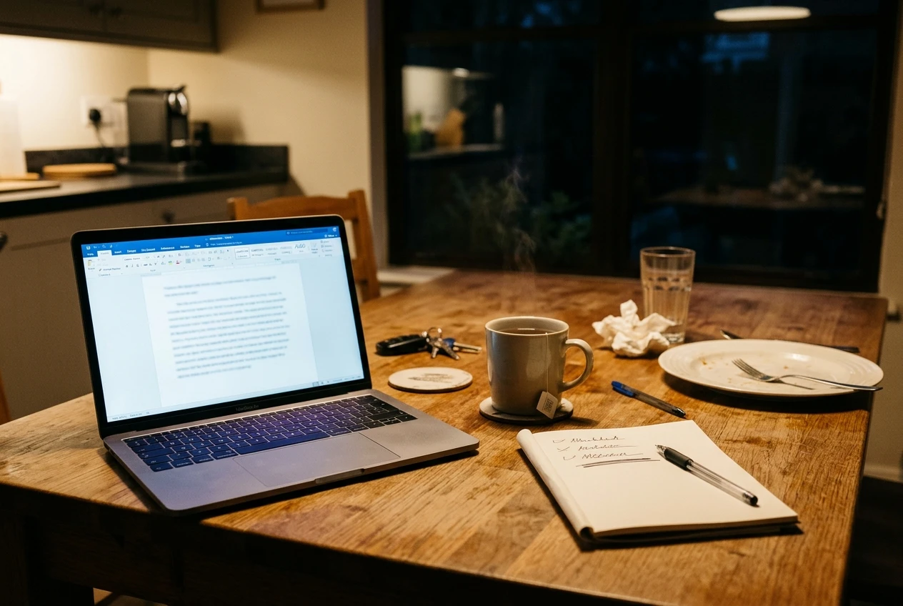 A kitchen table on a Tuesday evening after dinner: a laptop open to a half-written draft, a mug of tea, a handwritten list of three unfinished tasks with one line underlined, warm lamp light