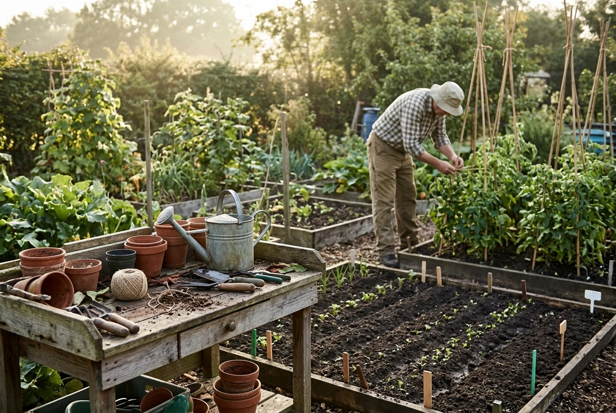 A gardener's workbench beside a seedbed of freshly planted rows with small labels; the gardener is tying up tomato stakes in a neighbouring bed while the seeded rows rest, soft morning light, green and earthy brown tones.
