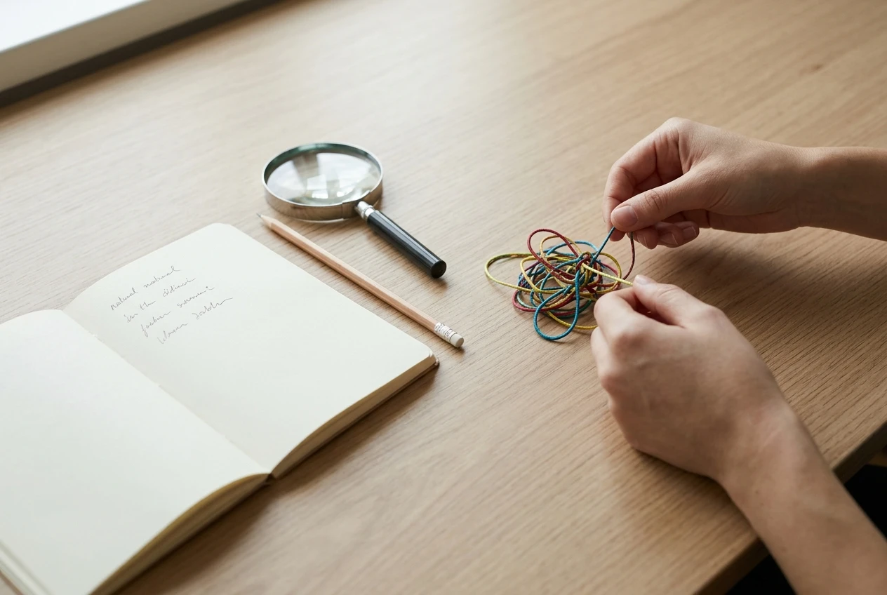 A tidy desk where a small tangled knot of coloured cords is being untied one strand at a time, next to a notebook with four short handwritten lines, a pencil, and a magnifying glass, bright daylight and neutral wood tones.
