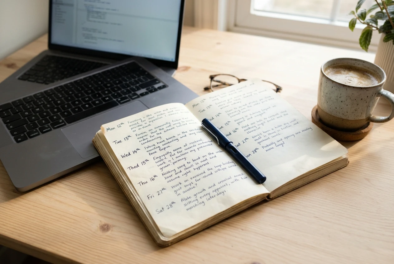 An open notebook filled with a week of short dated handwritten entries beside a laptop and a cup of coffee, a pen resting across the page, soft morning light on a pale wooden desk.