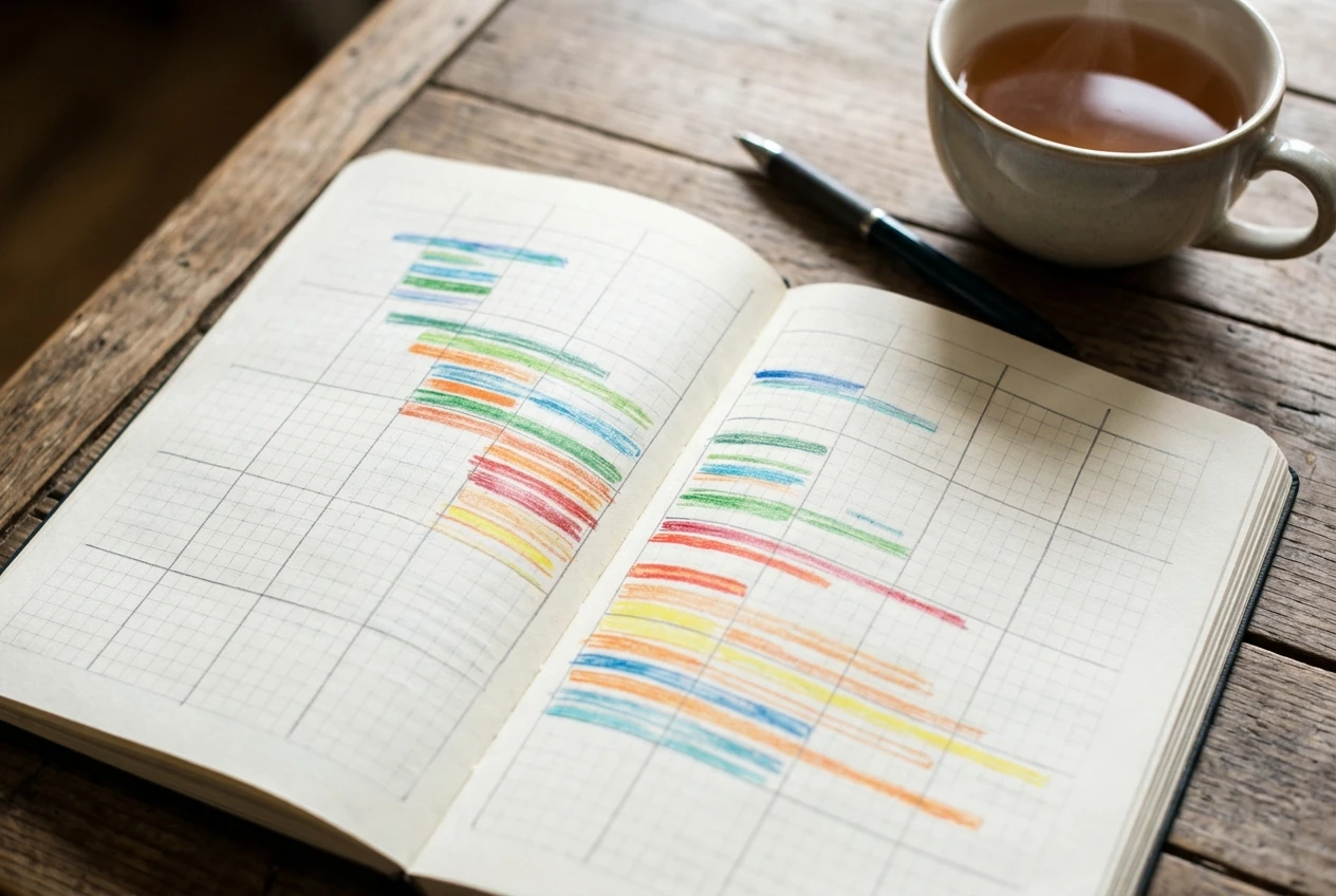 An open paper diary on a wooden table showing a week of days, with short handwritten bars of different lengths marked in coloured pencil, a pen resting beside it and a cup of tea, daylight from the side.