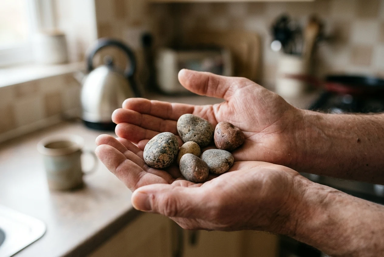A pair of cupped hands holding five small, differently sized smooth pebbles in soft morning window light, a kitchen counter with a kettle and a mug blurred behind, warm neutral tones.