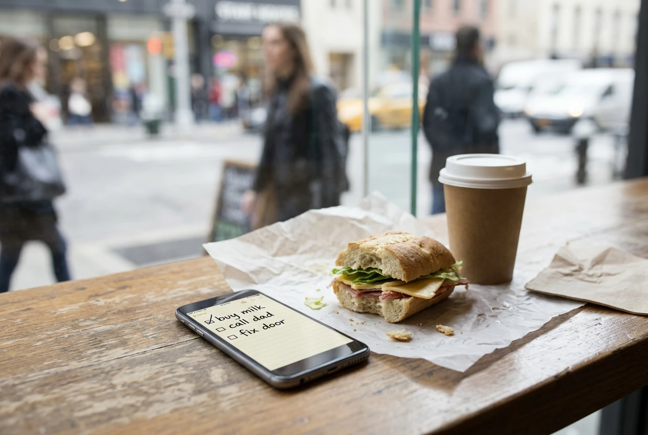 A smartphone resting on a lunch table next to a half-eaten sandwich and a paper cup, its screen showing a short handwritten-style to-do list with three lines, with a window and city street softly blurred behind.