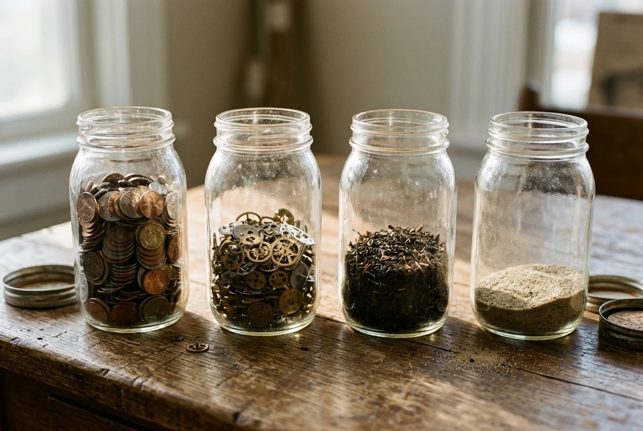 Four glass jars on a wooden desk in soft morning light, each filled to a different level with coins, small clock gears, tea leaves and sand, showing four resources draining at different speeds.