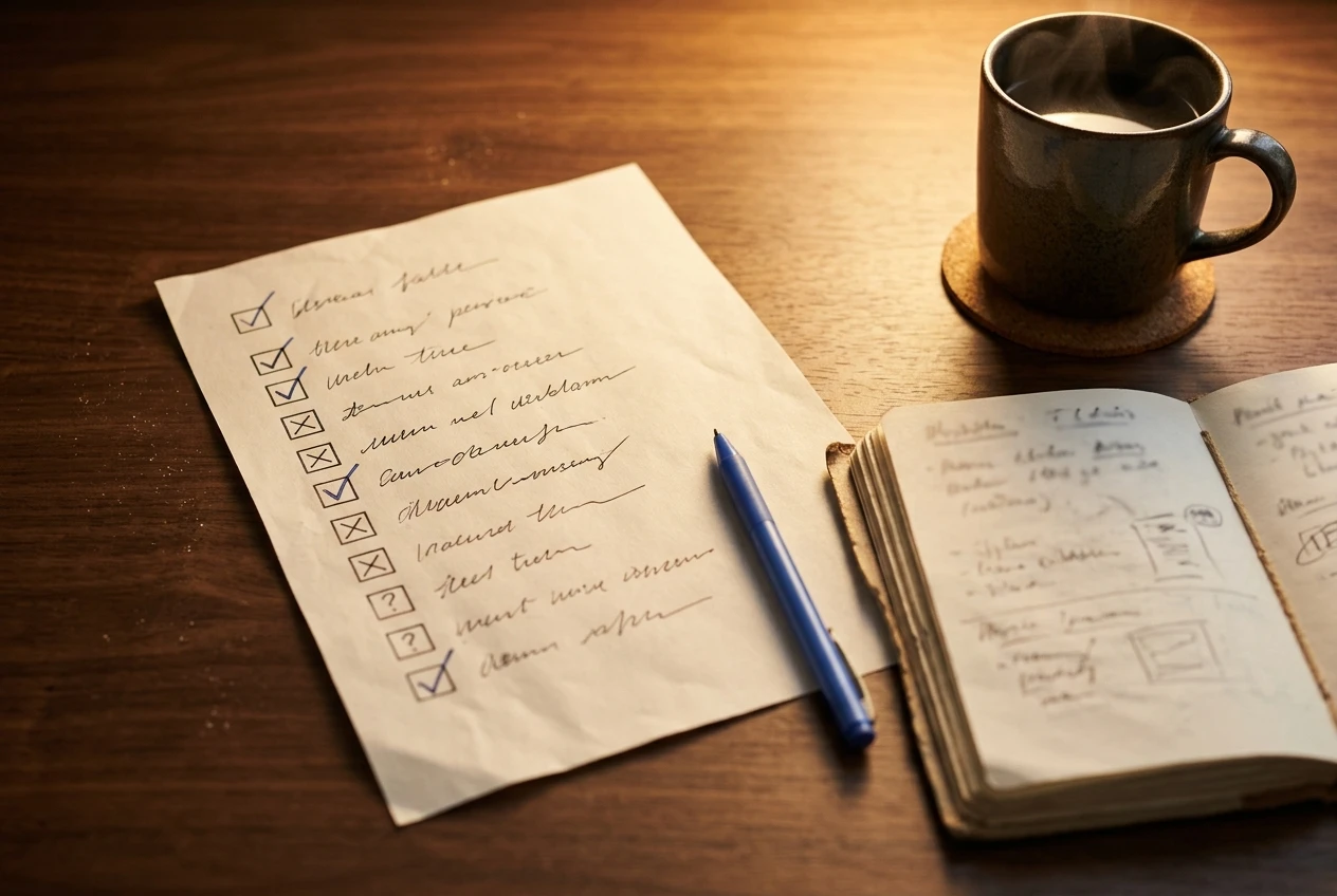 A paper checklist on a desk beside a pen, with some boxes ticked, some crossed and a few marked with a question mark, next to a mug and a half-open notebook under warm lamplight.