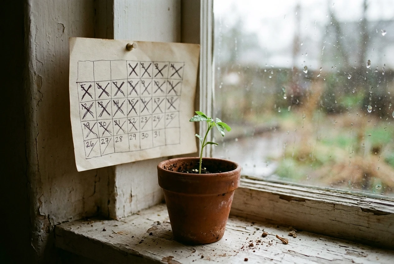 A young seedling in a small terracotta pot on a windowsill, with a handwritten calendar of crossed-off days pinned behind it, soft grey rain outside and gentle light on the leaves, suggesting slow unseen growth.