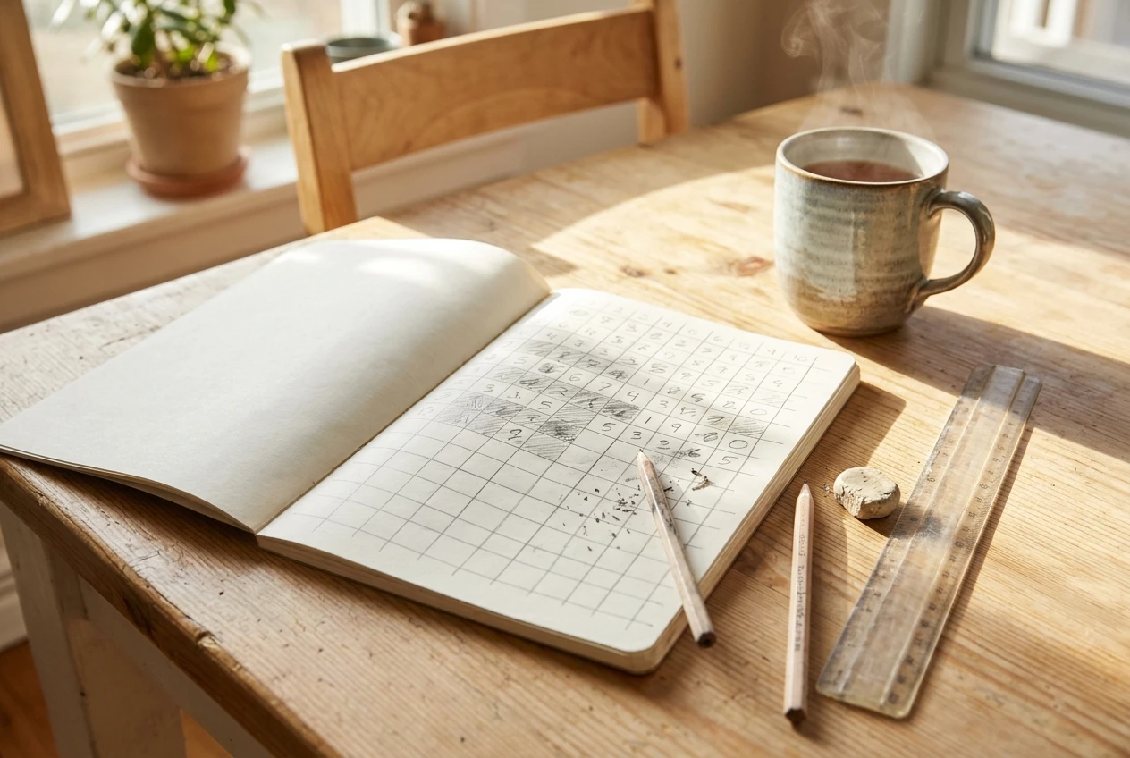 An open hand-ruled notebook with an empty grid half filled in pencil, a ruler, an eraser and a cup of tea on a bright kitchen table, morning sunlight across the page.